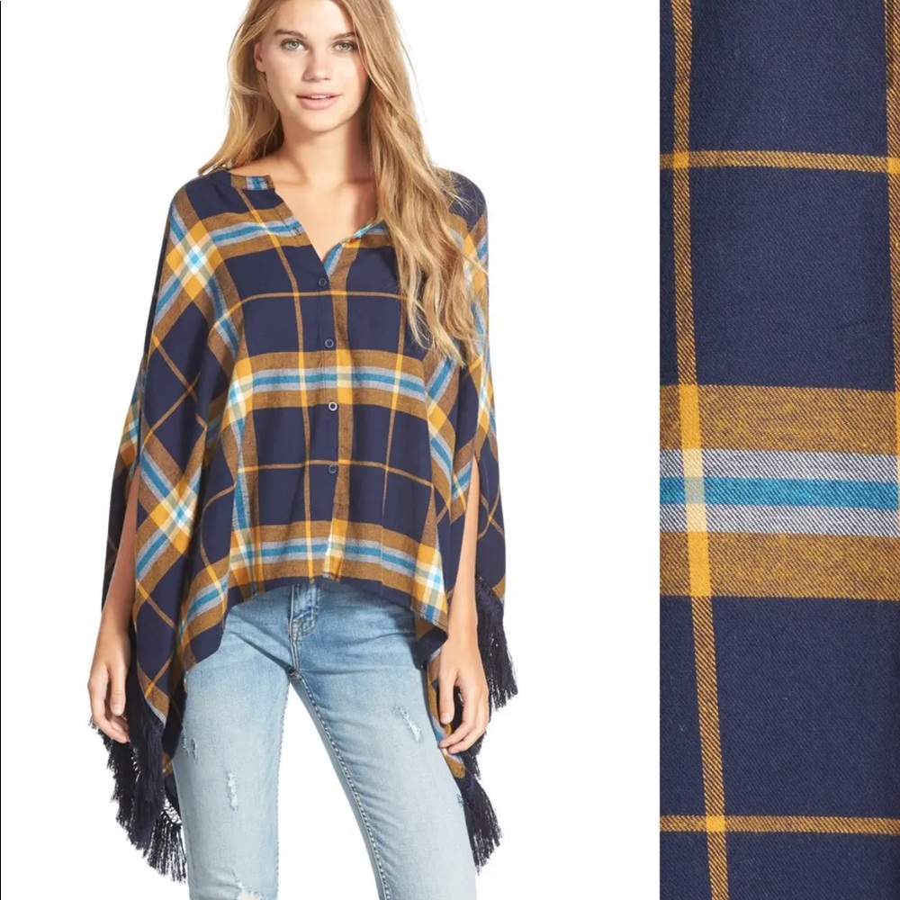 Volcom Navy and Mustard Plaid Poncho